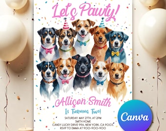 Invitación de cumpleaños "Let's Pawty", también para fiestas de cumpleaños de perros, invitación con temática de perros, invitación editable para fiesta infantil con perros y globos DB053
