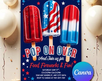 Invitación con tema de fiesta patriótica: Paletas de helado Pop-on, rojo, blanco y azul, editable para el 4 de julio, Día de la Independencia, PO071