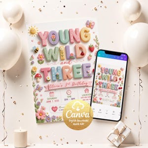 Personifiera födelsedagsinbjudan för Young Wild & Three | Vårfödelsedag | Flicka 3-årsdag | Pastellfärgad inbjudan | Redigerbar Canvas-mall YWT2
