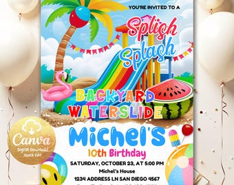 May include: A digital invitation for a backyard waterslide party. The design features a colorful waterslide, a flamingo, and a watermelon slice. Text includes "Splish Splash", "Backyard Waterslide", and "Michel's 10th Birthday".
