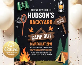 Camper Birthday Invitation, Adventure Forest Camp Birthday Invitation template, Printable, Editable Camping Birthday Invitation Canva CB6634