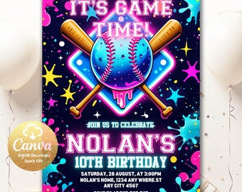 Baseball Ice Cream Drip Birthday Invitation, Baseball Drip Invite, Baseball Ice Cream Neon Party, Editable Ice Cream Drip Invitation Canva