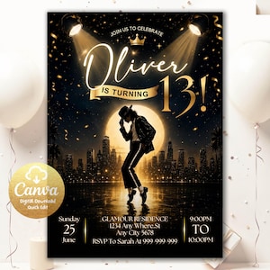 Michael Jackson Birthday Invitation, Pop Star Party Invite, Gold Black Birthday Template, Editable Canva Invite, Dance Theme Party PSB1