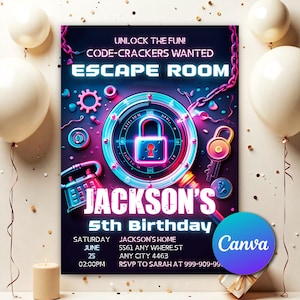 Escape Room Invitation, Detective Game Night Kids Escape Room Birthday Party, Editable Mystery Birthday Party Invitation Digital Canva ER601