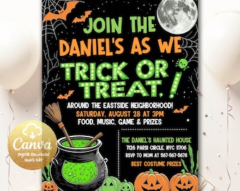 May include: Black Halloween party invitation with orange and green text that reads "Join the Daniel's as we Trick or Treat!" Includes a cauldron, pumpkins, bats, and a full moon.