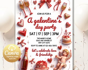 Galentine's Day Invite, Valentine's Party Invitation, Galentine's Girls Night, Doodle Hand Drawn Cupid Coquette, Editable Canva Template
