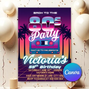 May include: An 80s-themed party invitation with a retro design. The invitation features the text "Back to the 80s Party" with a cassette tape graphic. It also includes details for Victoria's 55th birthday, including the date, time, and location.
