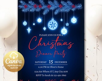 Invito alla festa di Natale modificabile Modello di invito di Natale Invito alla festa di Natale rosso e blu Invito alla festa dell'albero di Natale Canva CP91