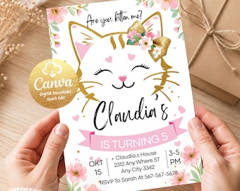 Cat Theme Birthday Invitation, Paw-ty Birthday Invite, Are You Kitten Me Birthday, Rainbow, Editable Cat Birthday Invitation, Digital CT06