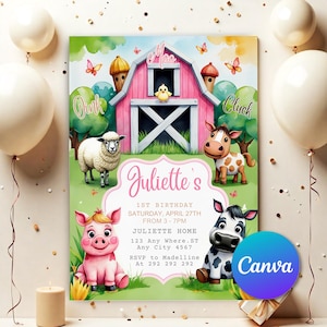 Faire-part d'anniversaire ferme, animaux de la ferme mignons, invitation à une fête dans la basse-cour, téléchargement immédiat, modèle imprimable, invitation modifiable F0773