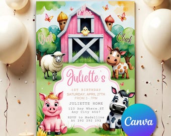 Farm Birthday Invitation, Cute Farm Animals Party Invite, Barnyard Party Invite, Instant Download, Printable template, Editable Invite F0773