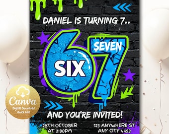 Invitación de cumpleaños con meme de Six Seven, invitación para el séptimo cumpleaños de un niño, invitación de cumpleaños de "Tenía 6 años y ahora tengo 7", invitación de estilo de juego retro, Canva editable