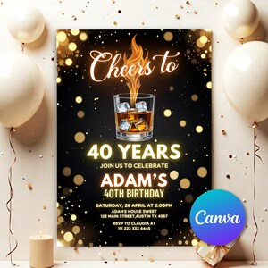 Whiskey Birthday Invitation, Surprise Party Adult, Cognac Scotch Liquor, 30th 40th 50th Any Age, Canva Editable Adult Men Birthday Invite W1