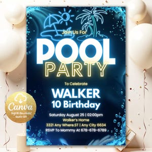 Pool Party Birthday Invitation Neon Glow Swim Invitation for Boys Editable Blue Green Pool Birthday Canva Template Digital Download PP047