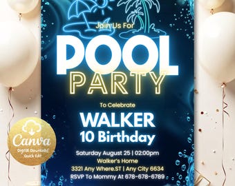 Pool Party Birthday Invitation Neon Glow Swim Invitation for Boys Editable Blue Green Pool Birthday Canva Template Digital Download PP047