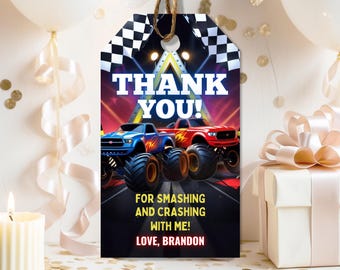 Boom, Crash, It's a Monster Bash, Monster Truck Thank You Gift Tags, Editable Monster Truck theme Thank You Gift Tags Digital Download MT77