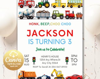 Transportation Birthday Invitation, Honk, Beep, Choo Choo, Train, Truck Birthday Invitation, Cars Birthday Invite, Truck and Cars Birthday