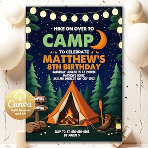 Puede incluir: Una invitación digital para el 8º cumpleaños de Matthew, con temática de acampada. El diseño incluye una tienda de campaña, una fogata, árboles y el texto "Hike on over to CAMP". La invitación también incluye la fecha, hora y lugar.