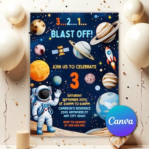 May include: A space-themed birthday party invitation with planets, a rocket, and an astronaut. The invitation reads "3...2...1... BLAST OFF!" and includes event details such as date, time, and location. The number "3" is prominently displayed.