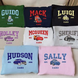Cars Character Movie Embroidered Sweatshirt, Cartoon Sweatshirts, McQueen Sally Mater Trending Crewneck, Gift For Friends ESN1881-1895