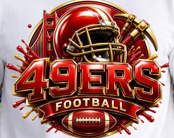 May include: A white t-shirt featuring a graphic design with a red football helmet, a golden bridge, and two crossed pickaxes. The text 49ERS FOOTBALL is displayed in bold red and gold lettering. Below the graphic, a red banner reads INSTANT DOWNLOAD • PNG FILES.