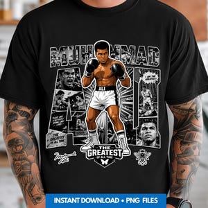 Może przedstawiać: Czarny t-shirt z grafiką Muhammada Alego w stroju bokserskim. Projekt zawiera tekst "MUHAMMAD ALI" i "THE GREATEST OF ALL TIME". Dodatkowy tekst brzmi "FLOAT LIKE A BUTTERFLY, STING LIKE A BEE" i "I AM THE GREATEST!"