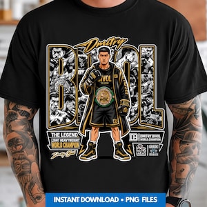 May include: Black t-shirt featuring a graphic of boxer Dmitry Bivol. The design includes the text "Dmitry Bivol" and "World Champion," along with images of Bivol in action. The WBC logo is also visible.