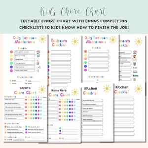 Puede incluir: Un cuadro de tareas imprimibles para niños con listas de verificación coloridas para tareas diarias y semanales. El cuadro incluye secciones para el baño, el dormitorio, la cocina y un cuadro de tareas personalizado. El cuadro presenta un gráfico de sol y el texto "Kids Chore Chart".