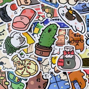 50 Random Cute Cartoon Stickers, Adorable Animal and Snack Stickers for Kids, Kawaii Waterproof Stickers Pack for Laptops and Water Bottles