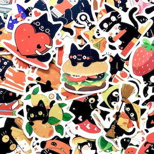 50 Random Cute Black Cat Stickers, Cartoon Cat Stickers Pack, Kawaii Kitty Stickers, Waterproof Stickers for Journal,Scrapbook,Kindle