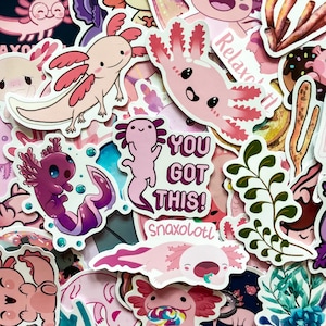 50 Random Cute Axolotl Stickers Pack, Cartoon Salamander Stickers for Kids, Waterproof Pink Animal Stickers for Journal,Scrapbook,DIY Crafts