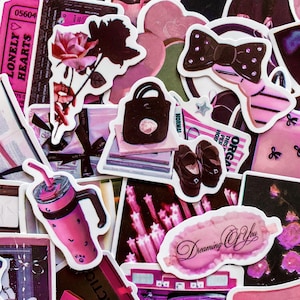 50 Random Coquette Stickers, Pink Girly Stickers, Vintage Aesthetic Bow Stickers for Girl, Waterproof Stickers for Journal, Scrapbook
