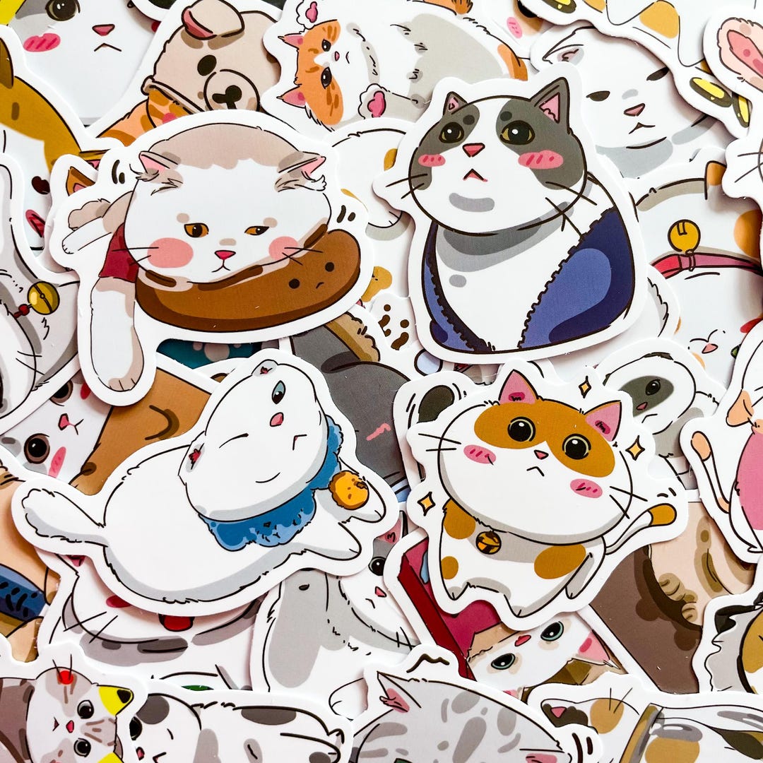 50 Random Cartoon Cat Stickers Pack, White Cat Stickers, Kawaii Animal ...