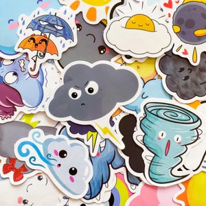 50 Random Cartoon Weather Stickers, Cute Sun and Cloud Stickers, Thunderstorm and Rainbow Stickers, Waterproof Scrapbook Stickers for Kids