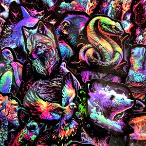 50 zufällige Neon Tieraufkleber, Trippy Wildlife Aufkleber, psychedelische Tieraufkleber, wasserdichte lebendige Aufkleber für Laptop, Wasserflasche