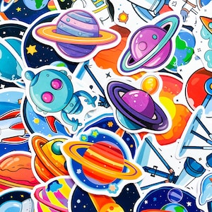 50 pegatinas de dibujos animados espaciales al azar para niños, pegatinas de cohetes alienígenas, pegatinas de astronautas y planetas, pegatinas impermeables para diarios y álbumes de recortes.