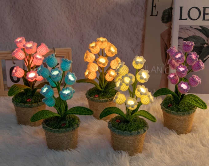 Crochet Lily of the Valley Lamp, Light-Up Flower Pot, Cozy Handmade Desk Decor