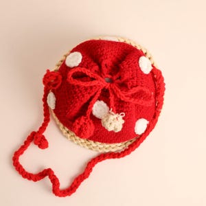 May include: A red crocheted mushroom-shaped bag with white polka dots and a braided red strap. The bag has a drawstring closure and a beige pom-pom accent. The bag sits on a woven, circular base.