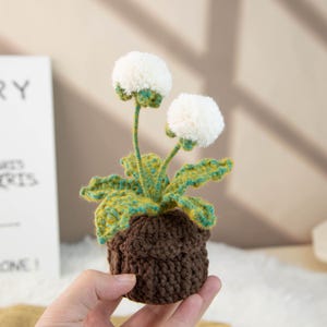 May include: A handmade crochet flower arrangement featuring two white fluffy flower heads, green and yellow leaves, and a brown pot. The craftwork is held in a hand, showcasing the intricate details of the yarn work.