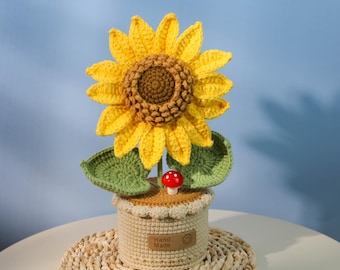 Girasole all'uncinetto in vaso – Regalo floreale lavorato a maglia e fatto a mano – Opzione etichetta personalizzata – Allegra decorazione da scrivania per la mamma o un'amica