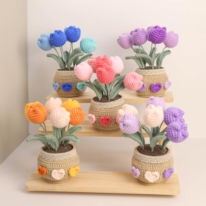 May include: A collection of handmade crochet tulip flower arrangements in various colors, including blue, pink, orange, and purple. Each arrangement is potted in a decorative basket with heart-shaped embellishments, creating a charming and colorful display.