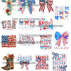 Puede incluir: Una colección de diseños patrióticos con lazos, la palabra "USA" y motivos de la bandera estadounidense. Los diseños incorporan los colores rojo, blanco y azul, con estrellas y rayas. Algunos diseños incluyen texto como "God Bless America".