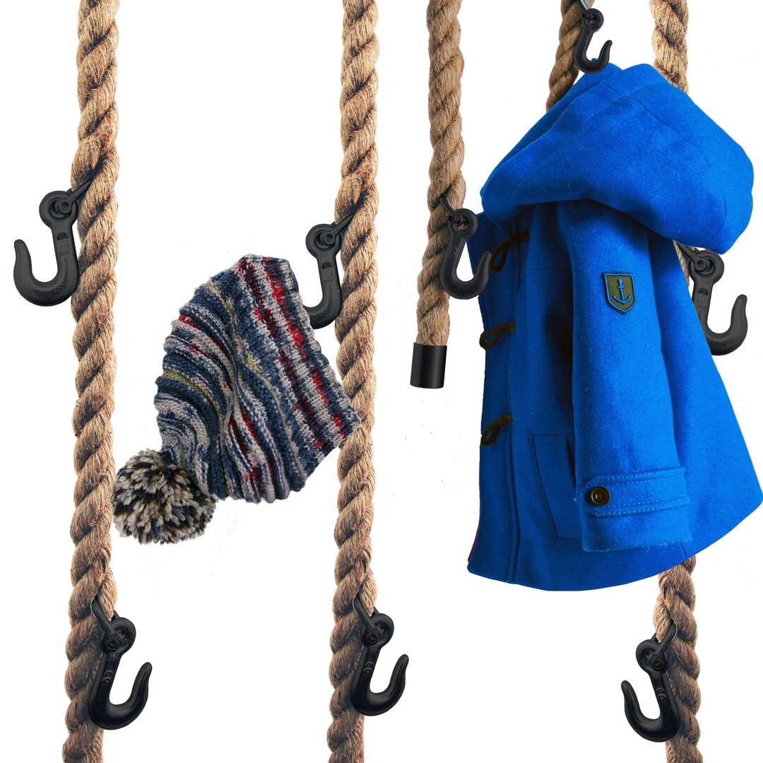 Jute Rope Coat Rack With Black Metal Hooks for Ceiling and Wall ...