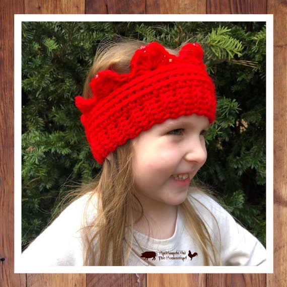 Costume Handmade Crochet- Ski Headband Crochet Crown Ear Warmer With Heart Applique- Headband Head Wrap Kids and Adult Sizes