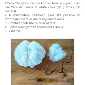 May include: Image showing materials for a craft project. Includes a ball of white yarn, fiberfill, black yarn, small black beads, a crochet hook, and a needle. Text at the top reads "Materials".