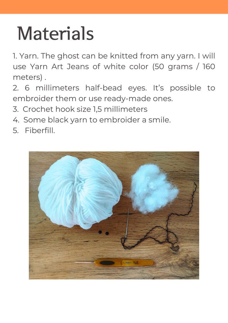 May include: Image showing materials for a craft project. Includes a ball of white yarn, fiberfill, black yarn, small black beads, a crochet hook, and a needle. Text at the top reads "Materials".