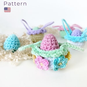 Mini Easter Basket with flowers Crochet Pattern no sew, Quick Easter Basket Crochet Pattern for Cotton and plush Yarn, crocheted basket egg