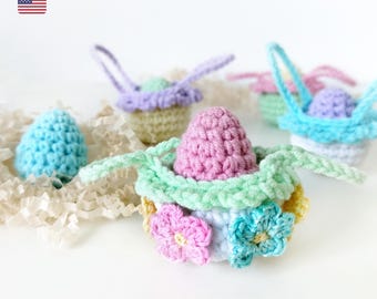 Mini Easter Basket with flowers Crochet Pattern no sew, Quick Easter Basket Crochet Pattern for Cotton and plush Yarn, crocheted basket egg