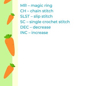 May include: A white background with a list of crochet abbreviations in blue text. The text reads "ABBREVIATIONS" in orange text. The background is decorated with a row of orange carrots on the left side.