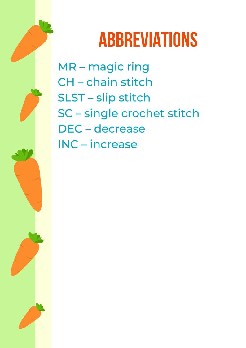 May include: A white background with a list of crochet abbreviations in blue text. The text reads "ABBREVIATIONS" in orange text. The background is decorated with a row of orange carrots on the left side.